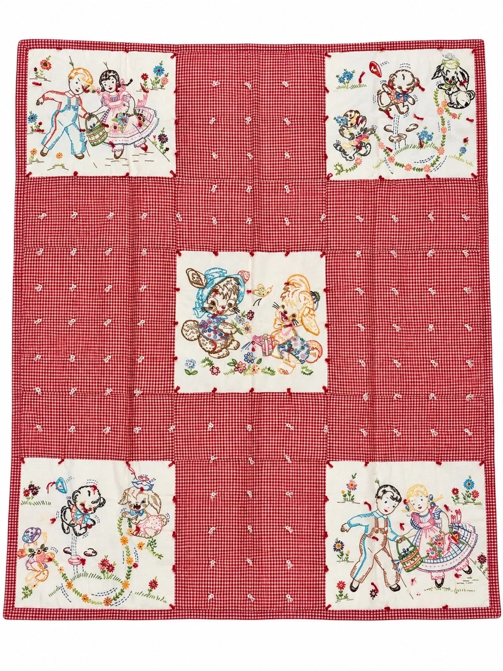Vintage Handmade Red Patchwork Quilt with Whimsical Embroidered Panels